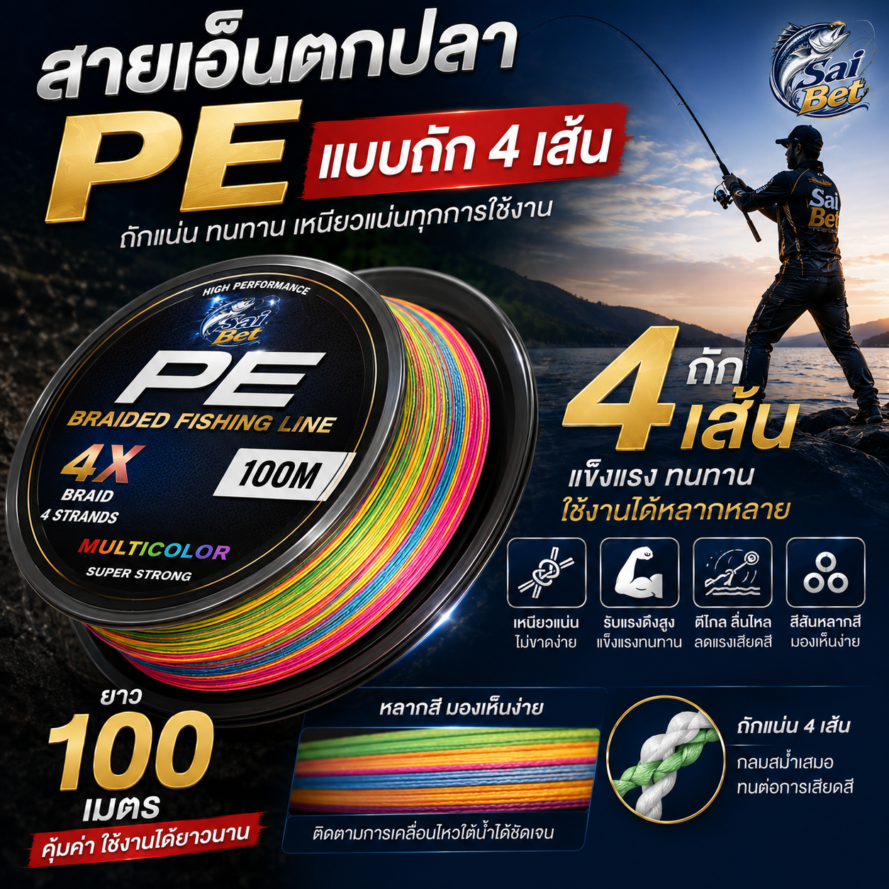 สายเอ็นตกปลา PE แบบถัก 4 เส้น หลากสี ทนทาน ยาว100 เมตร